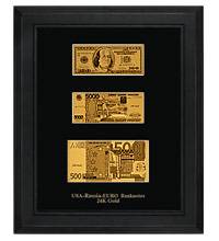 яПодарочная банкнота "La Banconota Dorata". Панно HB-014 "Банкнота USA+Euro+Russia"